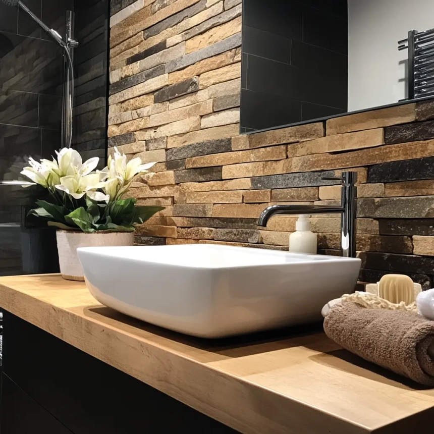 Modern bathroom featuring natural stone backsplash tiles, creating a rustic and elegant focal point for the washroom.