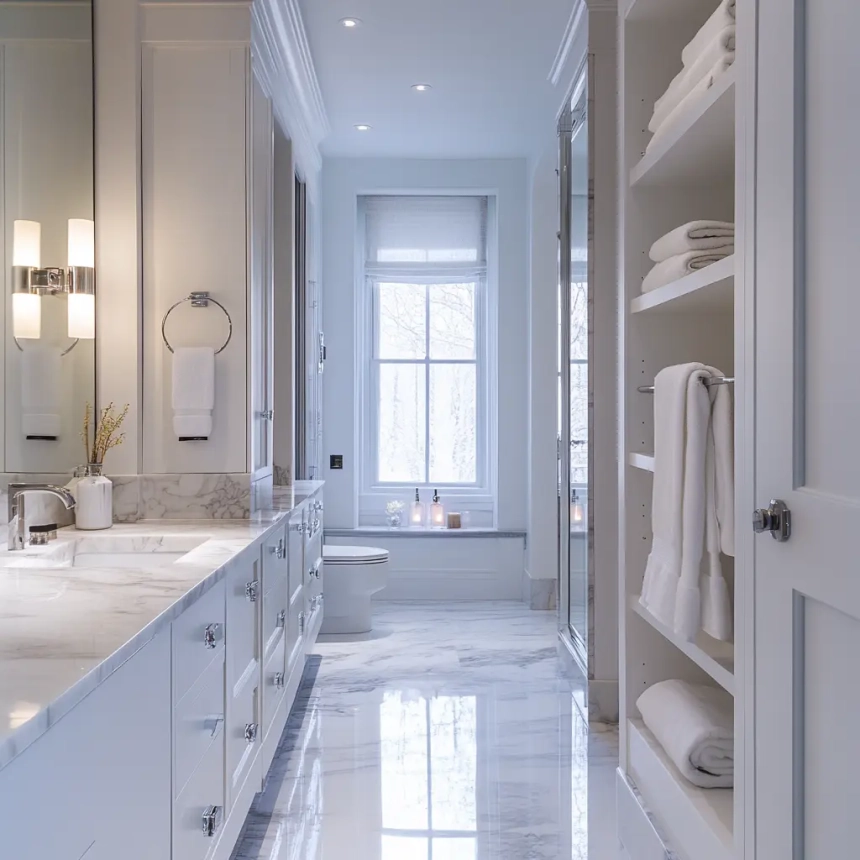 High-quality bathroom remodel in Wheaton, IL, showcasing marble finishes and custom storage.