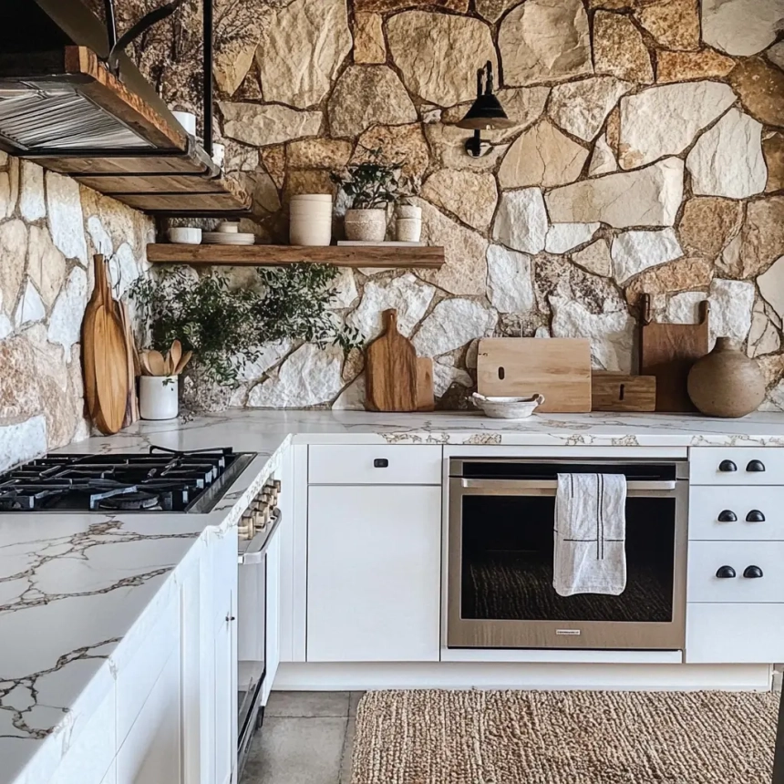 Elegant natural stone backsplash paired with a white quartz countertop, adding a rustic touch and depth to the kitchen. Great for backsplash ideas for quartz countertop.