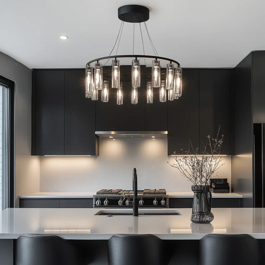 Elegant chandelier-style modern kitchen island lamps creating a focal point in a stylish contemporary kitchen design.