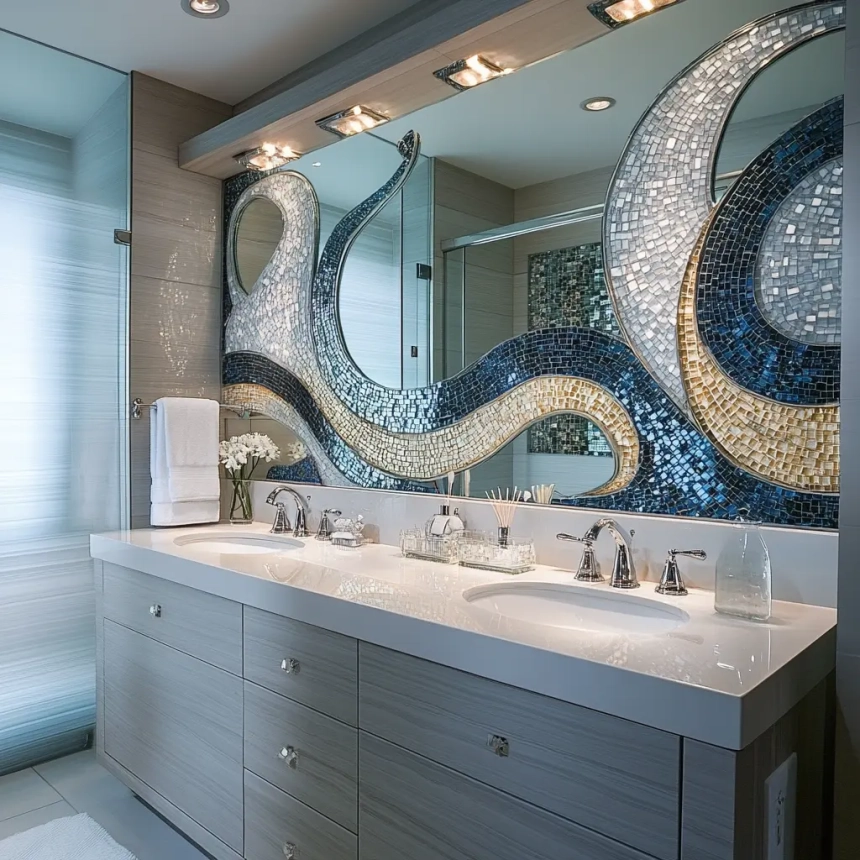 Stunning bathroom with a unique mosaic tile backsplash, featuring blue and gold accents, adding a luxurious touch to the washroom backsplash.