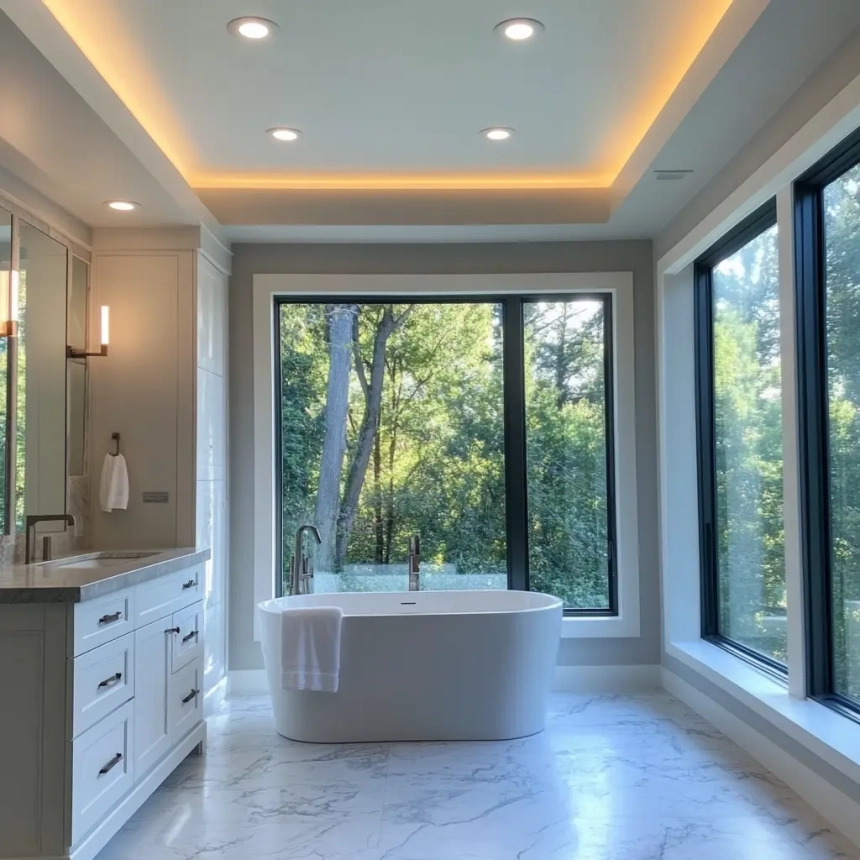 Dimmer switches create ambient lighting in a stylish small master bathroom.