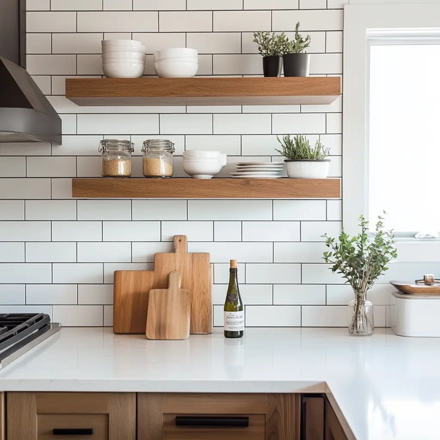 Contemporary kitchen design showcasing a white quartz countertop with a classic subway tile backsplash, accented by wooden floating shelves. Perfect for those exploring backsplash ideas for quartz countertops.