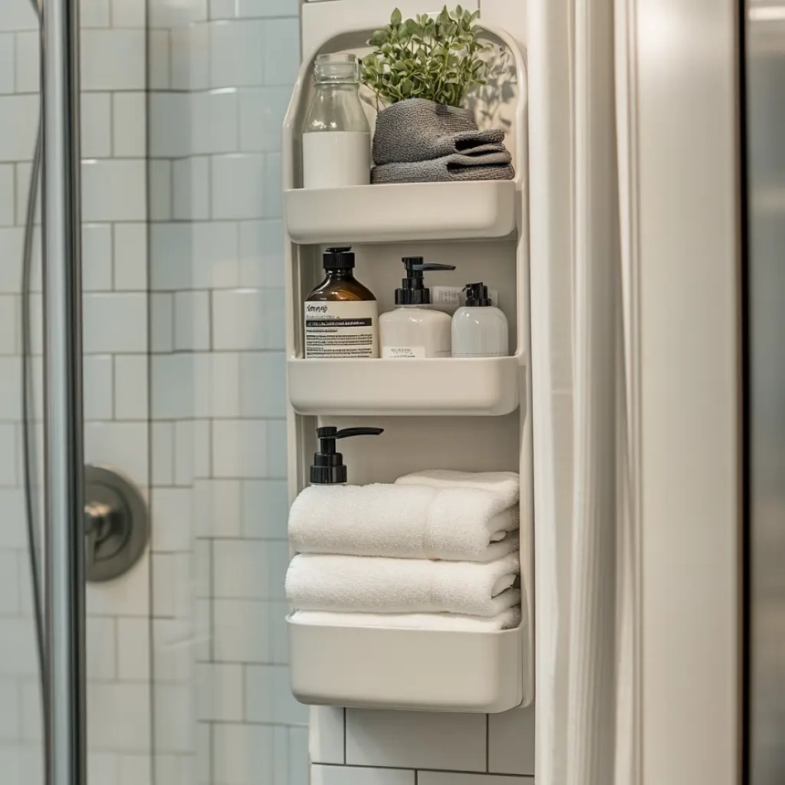Shower caddie with built-in shelves for storage in a small master bathroom.