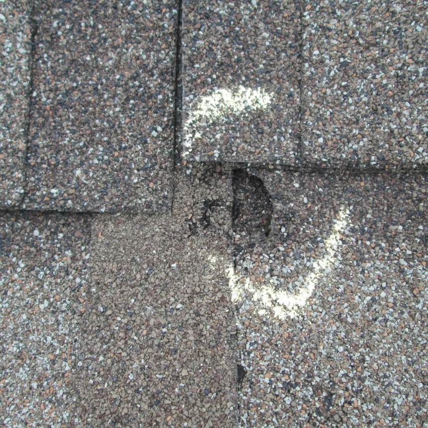 Close-up of hail damage on a roof, showing granule loss and cracks in shingles from a hail storm.