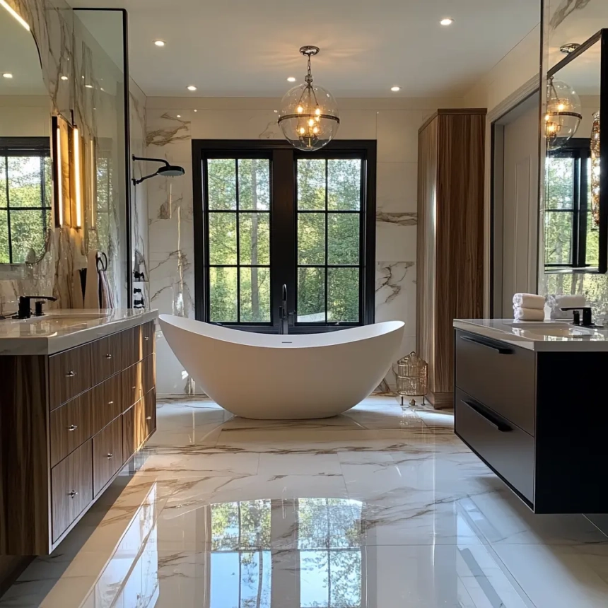 Elegant master bathroom remodel in Wheaton, IL, with freestanding tub and high-end finishes.