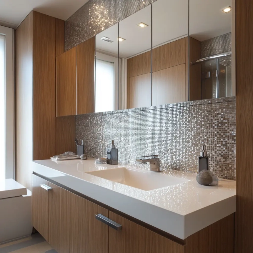 Inspiration for bathroom backsplash tiles featuring a sleek and contemporary design with natural stone and porcelain.