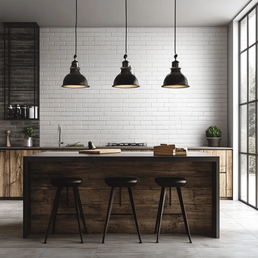 Industrial-style pendant lighting over kitchen island, adding a modern touch with black and rustic elements.