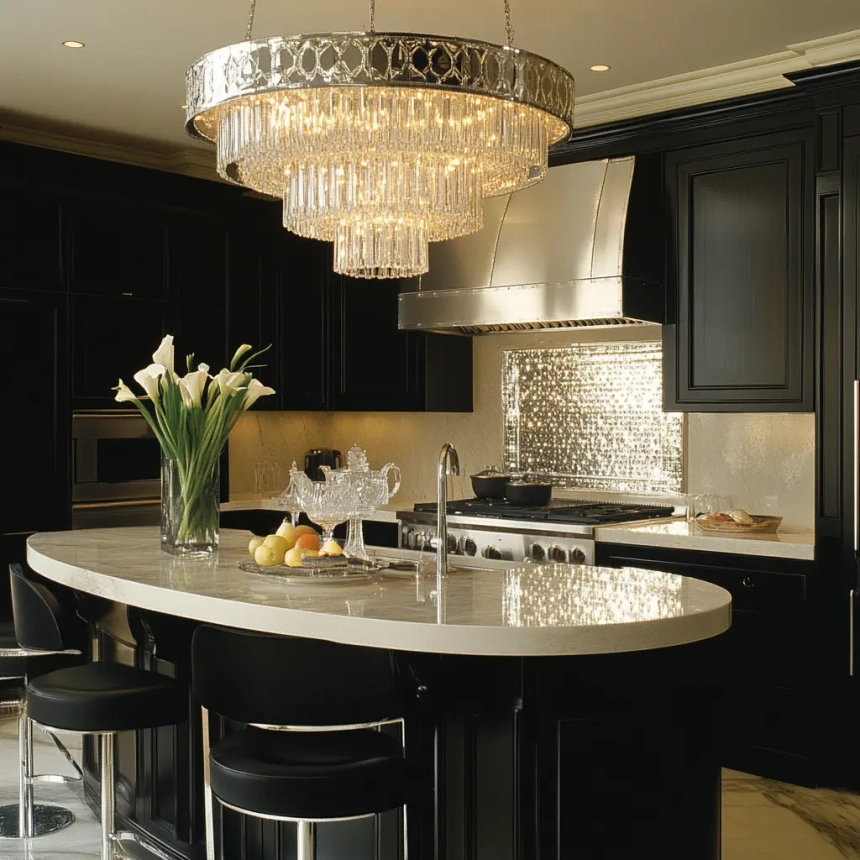 Elegant chandelier over kitchen island, creating a luxurious focal point in a contemporary kitchen setting.