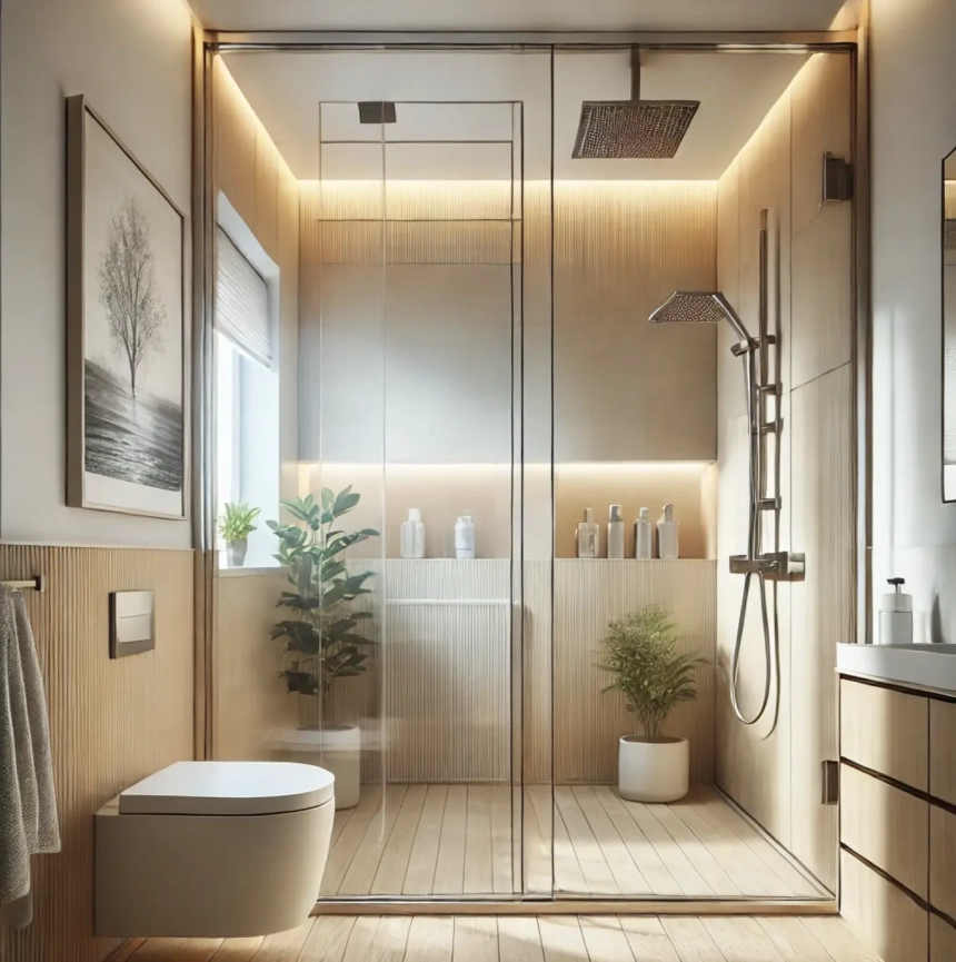 A small bathroom featuring frameless shower doors, creating a seamless and streamlined look. This design helps open up the space and is ideal for small bathroom ideas.