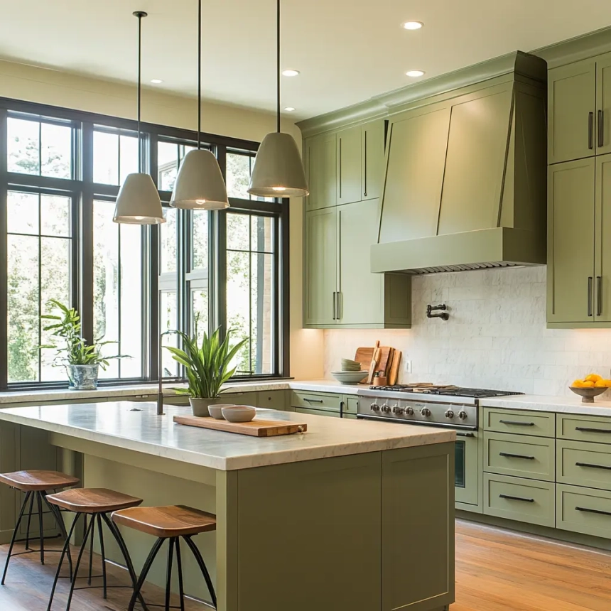 Sage green modern kitchen cabinets featuring sleek cabinet doors, integrated handles, and a kitchen island for added functionality.
