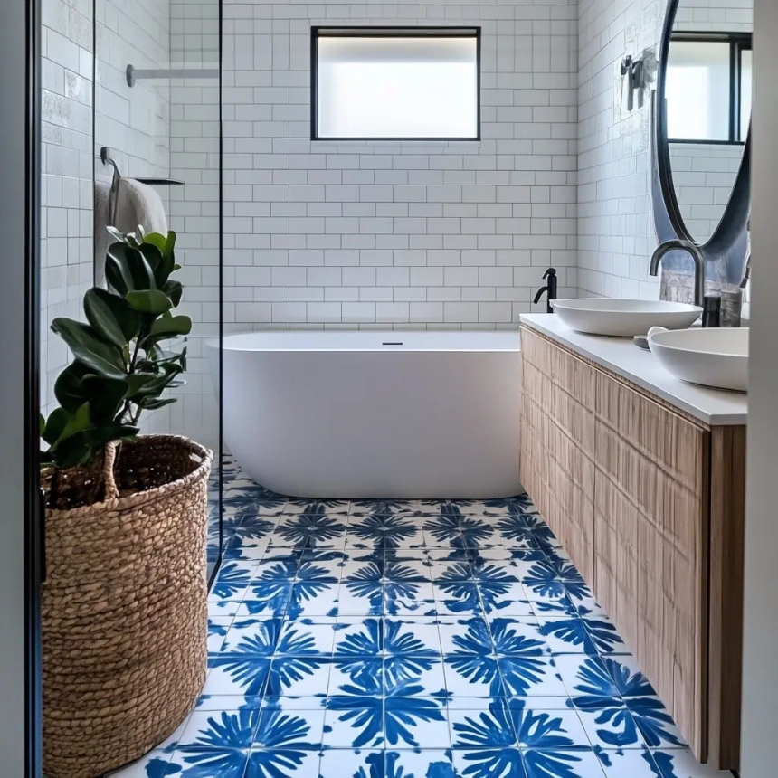 A long, narrow bathroom design featuring bold statement tiles, adding texture and visual interest to the space.