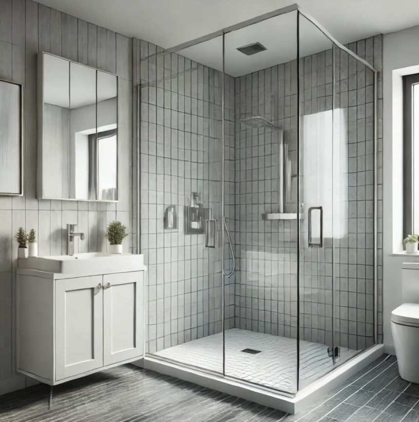 A small master bathroom featuring glass shower doors with a minimalist design, grey and white tile flooring, and modern, space-saving fixtures. Ideal for a small master bathroom remodel.