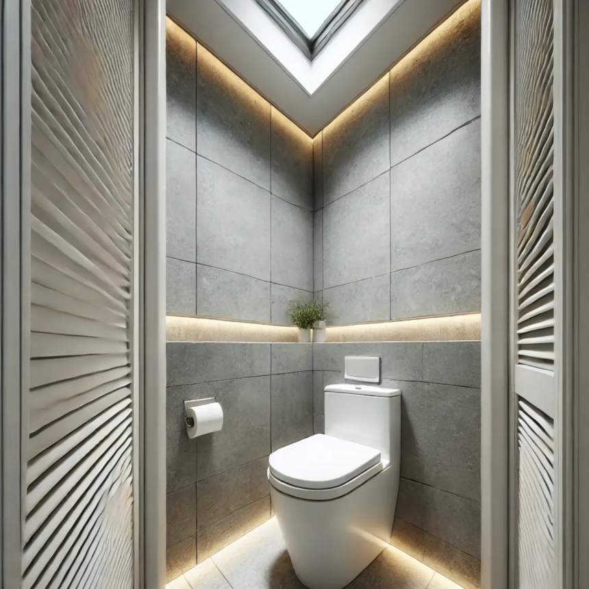 A narrow bathroom featuring a corner toilet, designed to save space and fit neatly into the layout. The modern design maximizes floor space while maintaining functionality, perfect for narrow bathroom ideas and small bathroom designs.