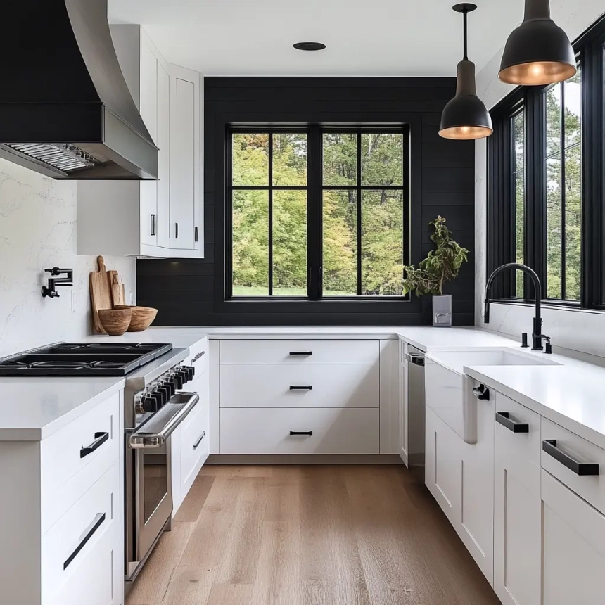 White matte kitchen cabinets with black window frames and minimalist decor