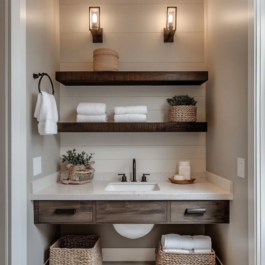 A small master bathroom featuring floating shelves above the sink, with woven baskets and neatly folded towels, creating a clean, organized, and functional storage solution.
