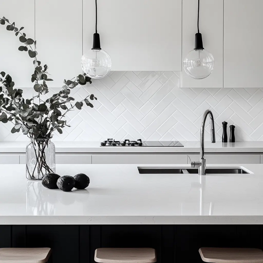 Elegant kitchen with a white quartz countertop and herringbone-patterned tile backsplash, offering a visually striking focal point. A unique choice for backsplash ideas for quartz countertops.