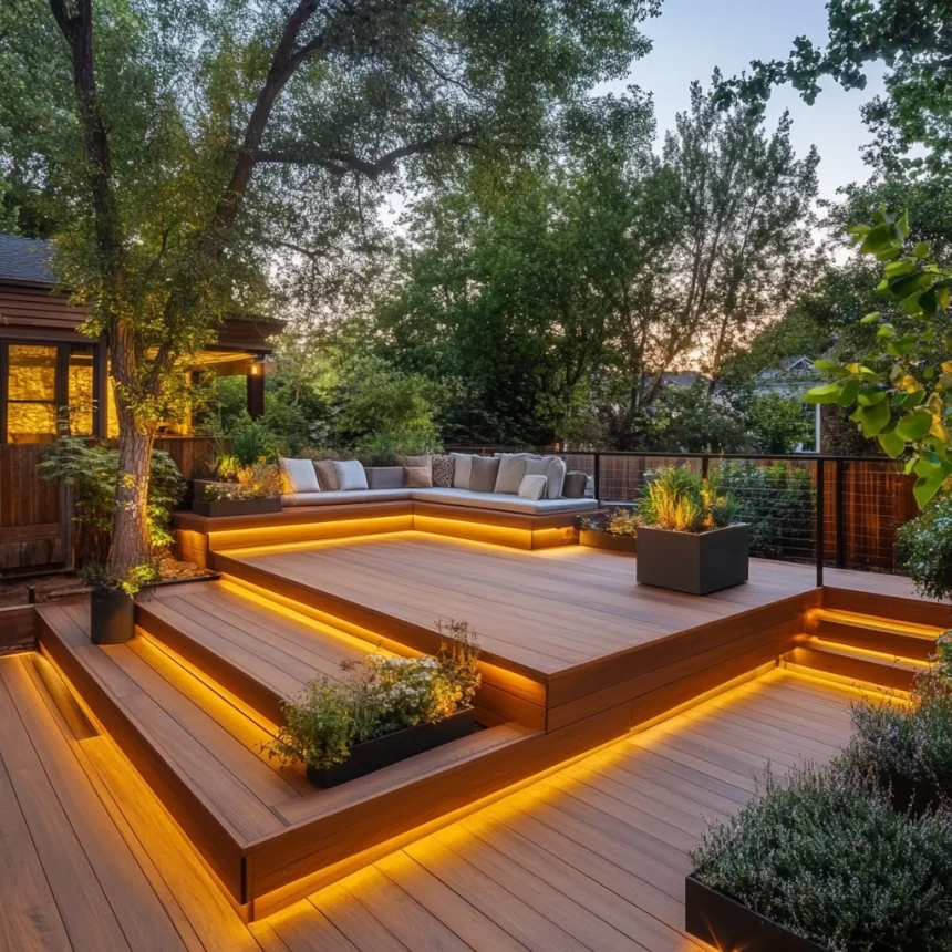 A modern composite deck built by expert Naperville deck builders, featuring sleek railings, durable decking material, and ambient lighting for a stylish outdoor space.
