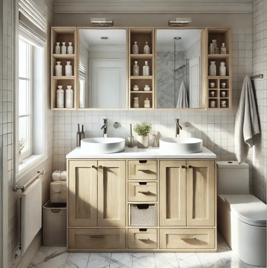 A small bathroom featuring a compact double vanity with two sinks and storage underneath, maximizing space and functionality. Ideal for small bathroom remodel ideas.