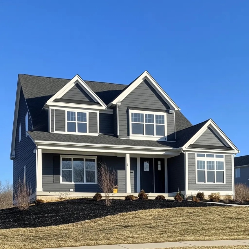 A newly installed roof on a modern two-story gray home showcasing proper roofing installation and alignment.