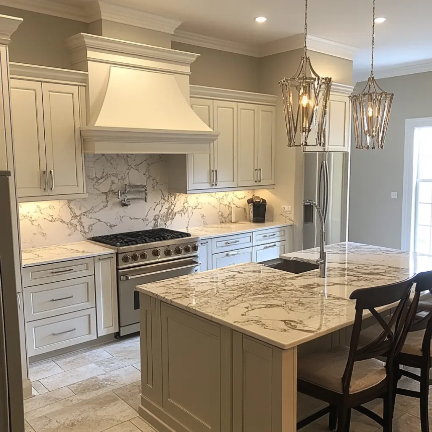 Bright kitchen with marble countertops and a detailed range hood, illustrating potential kitchen remodel costs for premium designs