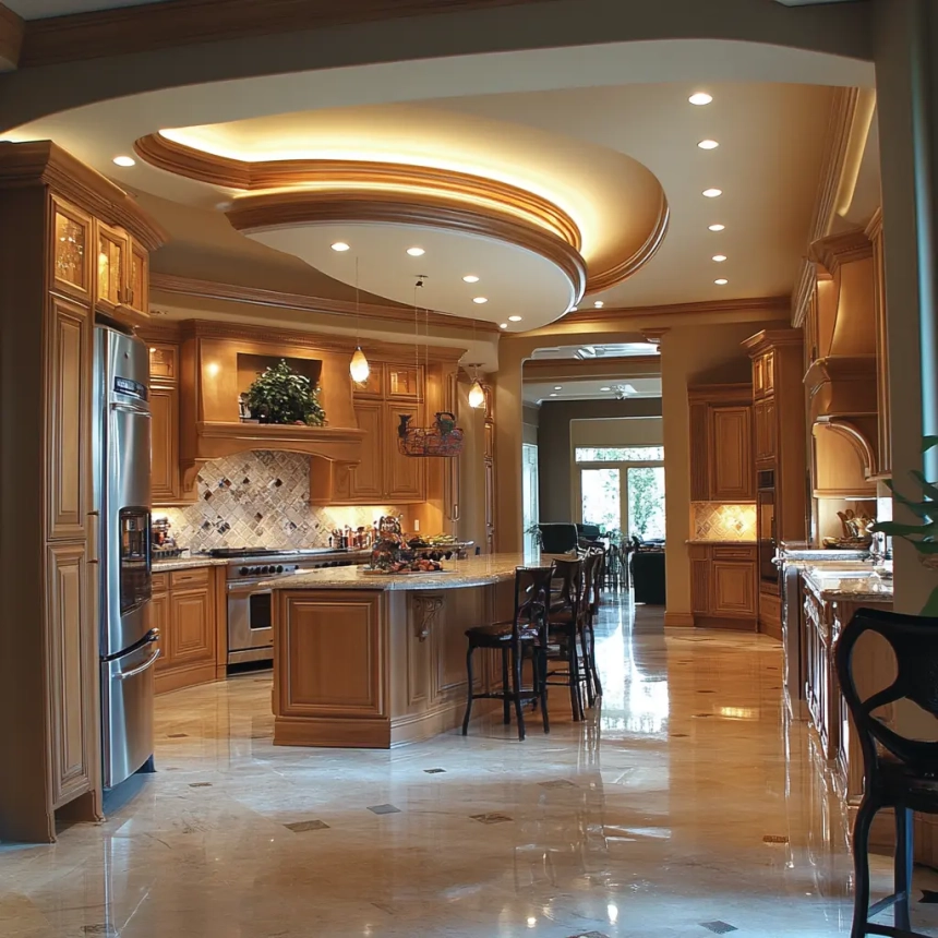 Multi-tiered ceiling fixtures in an elegant kitchen, offering layered lighting that illuminates every corner.