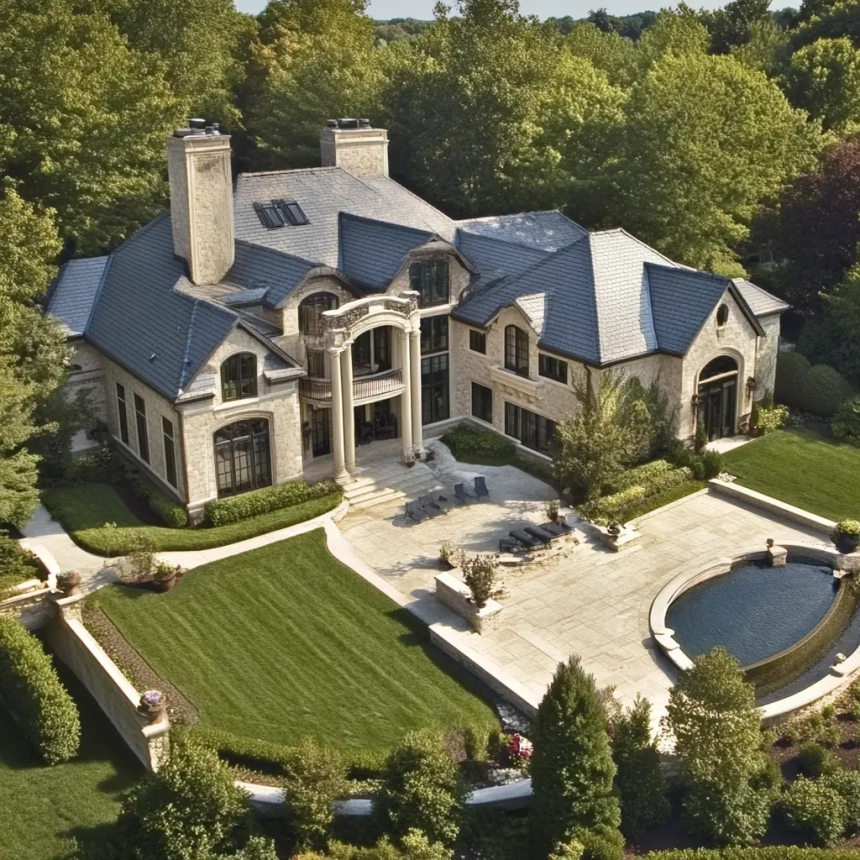 Elegant mansion with durable roofing by Naperville roofers, showcasing expert craftsmanship and quality materials.