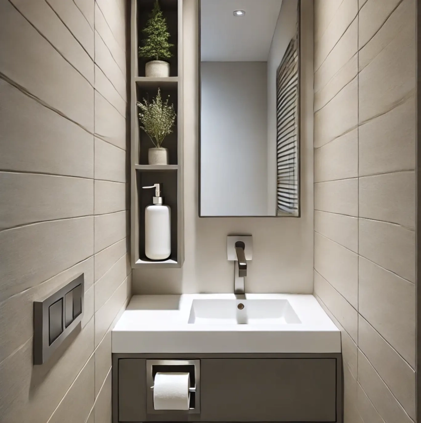 A narrow bathroom featuring a wall-mounted soap dispenser, saving counter space and adding functionality. The sleek, modern design fits well with the compact layout, perfect for narrow bathroom ideas and small bathroom designs.