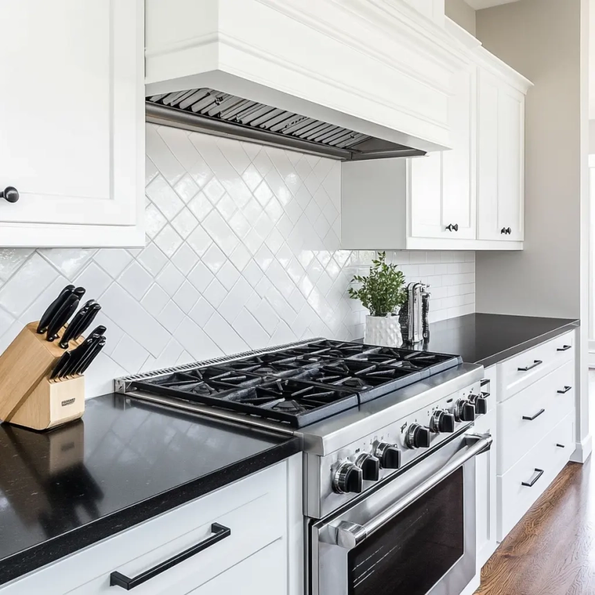 Kitchen design featuring a contrasting quartz backsplash with plain white countertops, adding visual depth and interest with dark wood cabinetry.