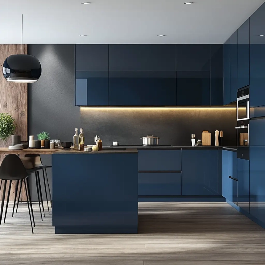 High-end kitchen remodeling in Wheaton, IL, with modern blue cabinetry and a minimalist design.
