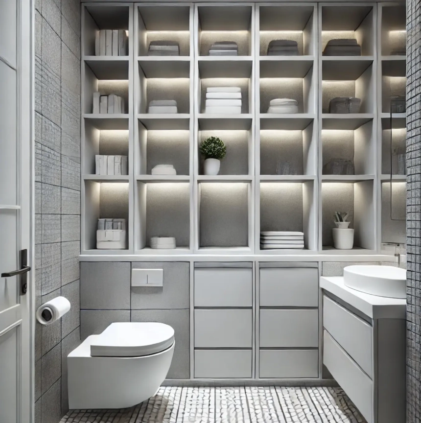 A small master bathroom featuring built-in shelves recessed into the walls, with sleek white shelves and grey and white tile flooring. Ideal for maximizing storage in a small master bathroom remodel.