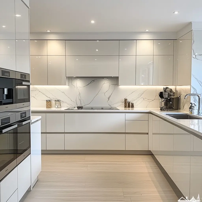 Glossy white modern kitchen cabinets with integrated cabinet doors, perfect for a clean and streamlined kitchen design.