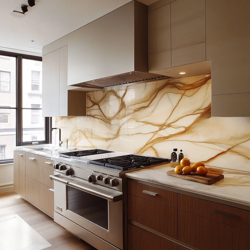 Luxurious veined quartz backsplash in kitchen, serving as a striking focal point behind the range, paired with wood cabinetry and sleek stainless-steel appliances.