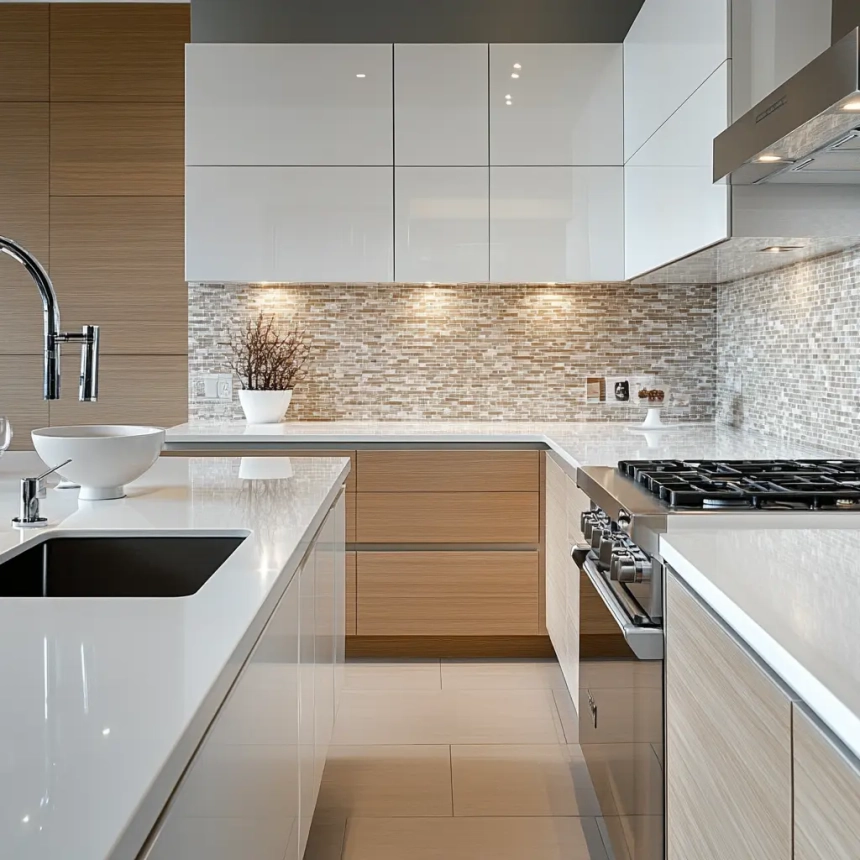 Stylish kitchen featuring a white quartz countertop complemented by a beige mosaic tile backsplash, adding warmth and texture. A great option for backsplash ideas for quartz countertops.