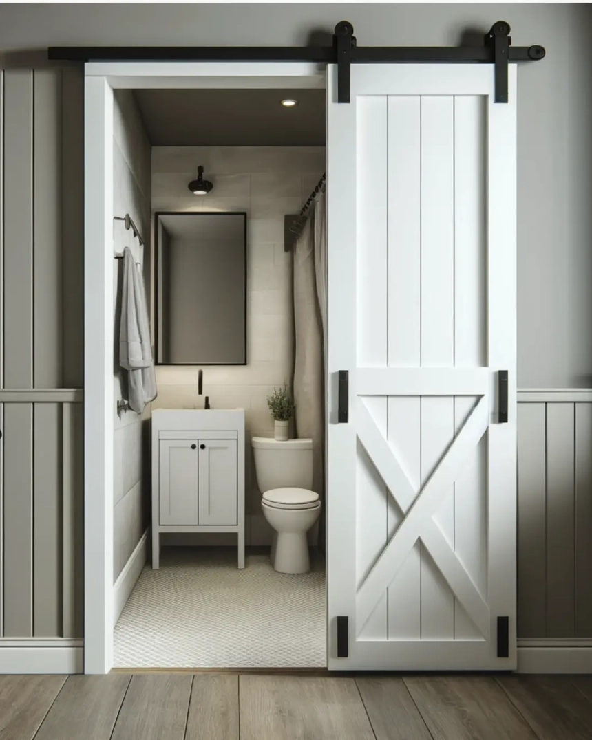 A small master bathroom featuring sleek sliding doors, saving space and creating a clean, modern look. Perfect for a small master bathroom remodel.