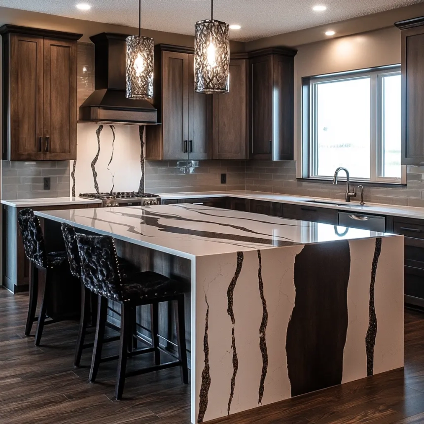 Stylish kitchen island with quartz waterfall countertop and matching quartz backsplash, showcasing unique veining for visual impact.