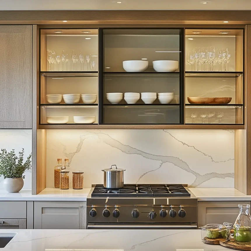 Open shelving and glass-front upper cabinets in a modern kitchen, showcasing a minimalist interior design and storage inspiration.