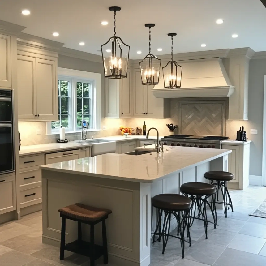 Modern kitchen with white cabinets, an island, and pendant lighting, showcasing work by contractors for kitchen remodel projects.