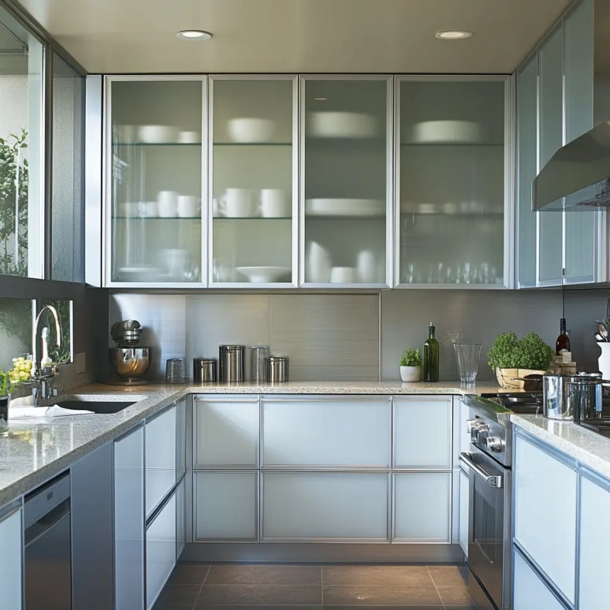 Modern glass-front cabinets showcasing kitchen cabinetry in a stylish interior design with bright, natural lighting.