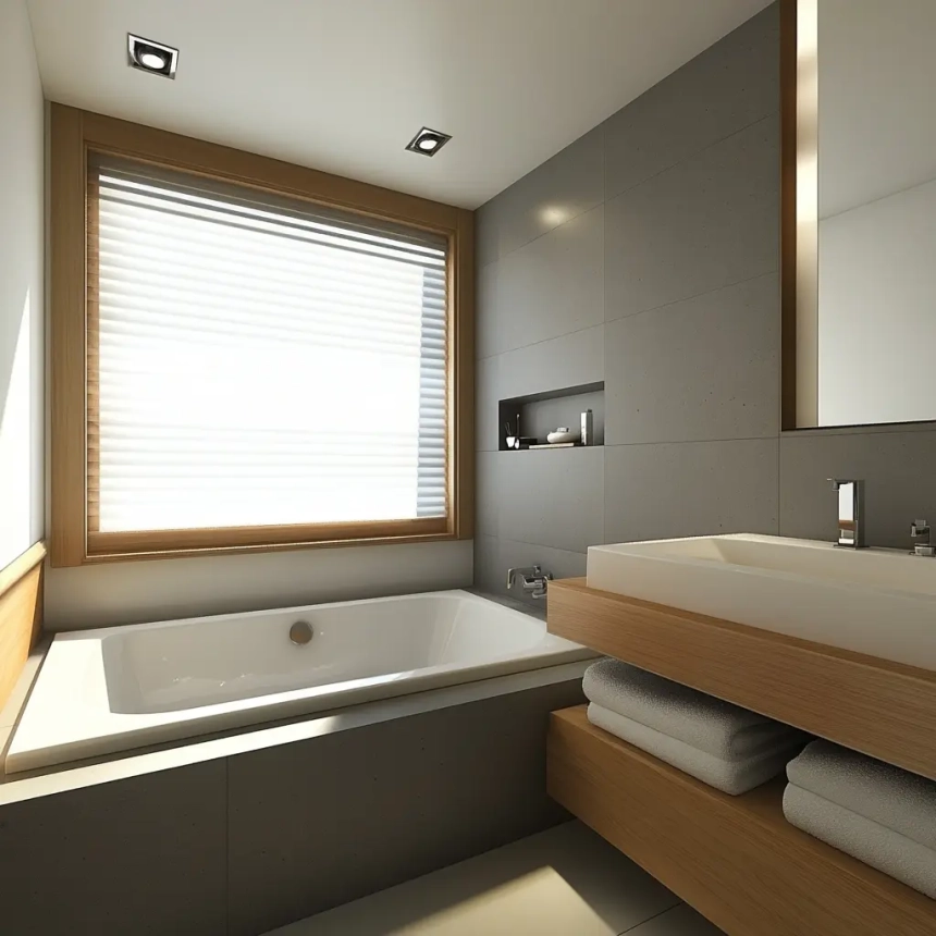 A small master bathroom with minimalist design, featuring a built-in bathtub, sleek fixtures, and neutral tones of grey and wood for a modern and clean look.