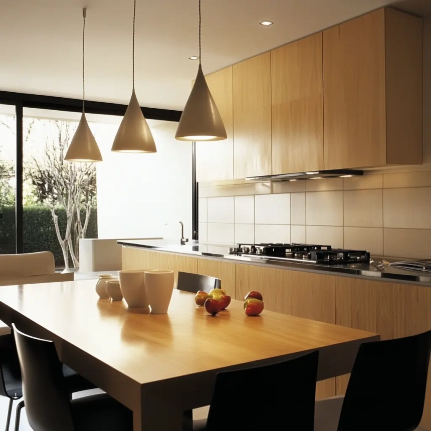 Minimalist pendant lamps over a modern dining table, enhancing the kitchen with stylish lighting.