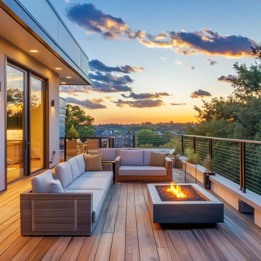 A rooftop deck with a stunning sunset view, featuring a fire pit, comfortable seating, and modern railings. The deck is made of durable materials, designed for relaxation and entertainment.