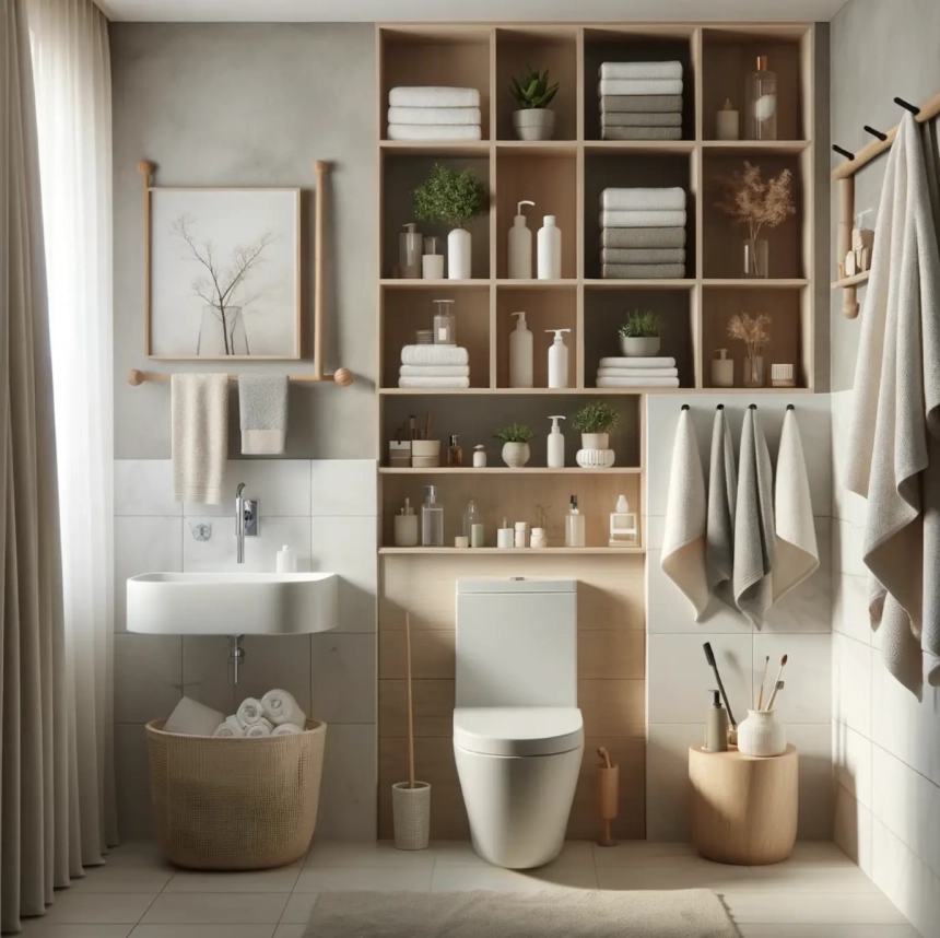 A small bathroom with open shelving on the walls, displaying towels, toiletries, and decorative items. The minimalist design keeps the room functional and stylish, perfect for small bathroom decorating ideas.