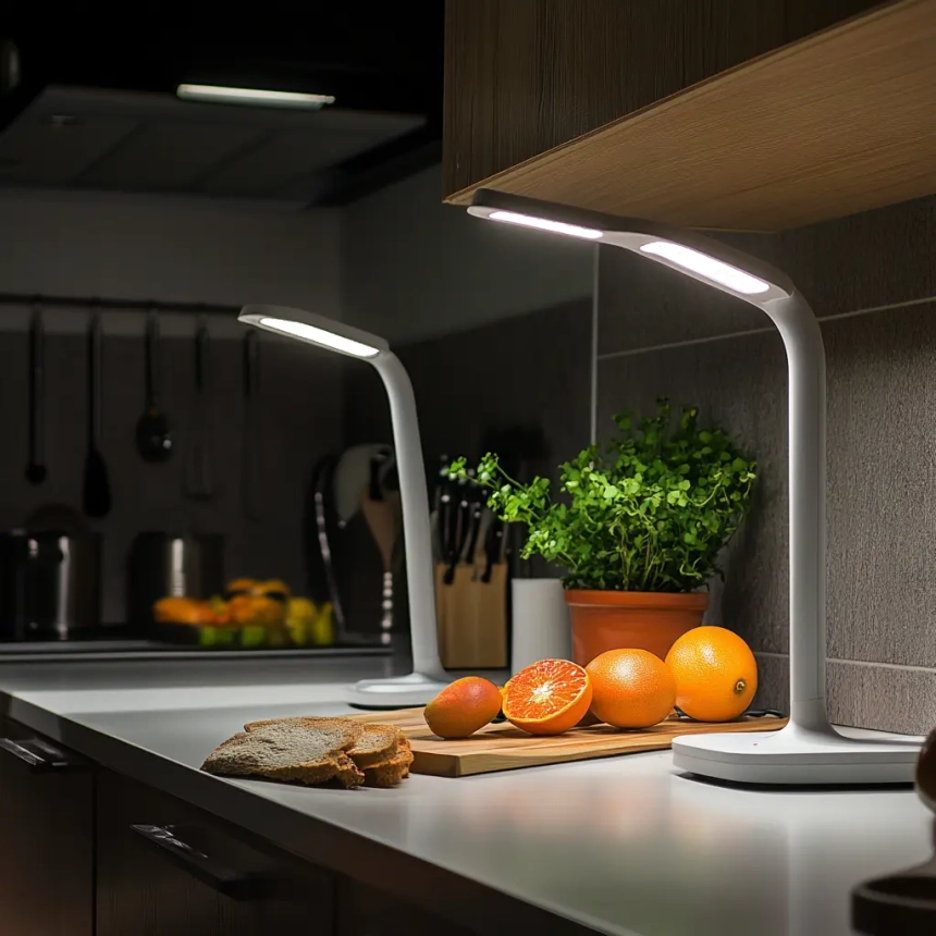 Portable LED lamps illuminating a kitchen countertop, providing flexible and efficient task lighting for cooking.