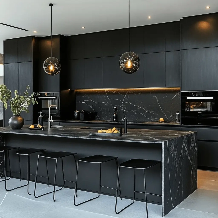 Black matte kitchen cabinets paired with a dark marble kitchen island, showcasing modern kitchen ideas with bold cabinet doors.