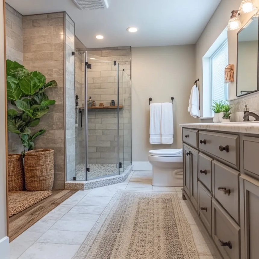 Custom bathroom design in Aurora, IL with a spacious shower and durable high-quality materials.
