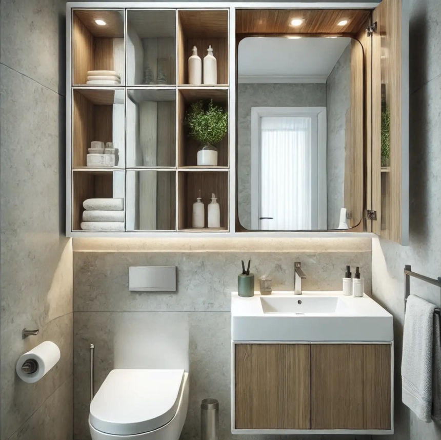 A small bathroom featuring a medicine cabinet with a mirrored door, providing hidden storage to maximize space and maintain a modern look.
