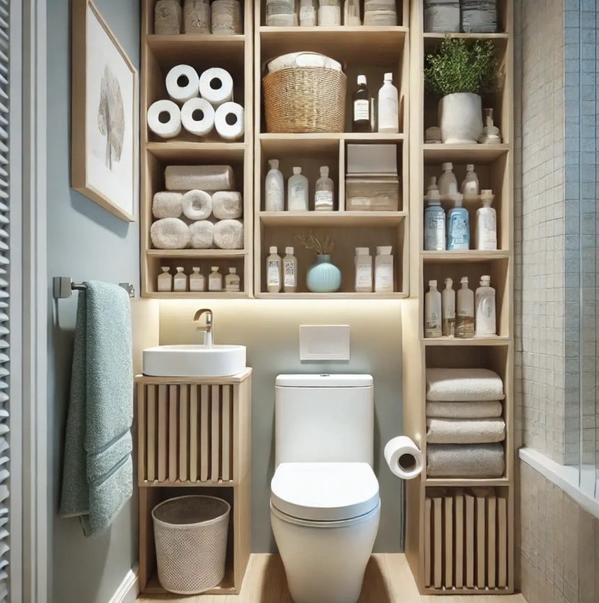 A small bathroom featuring over-the-toilet shelving units, providing extra storage space for towels and toiletries while maximizing vertical space. Perfect for small bathroom storage ideas.