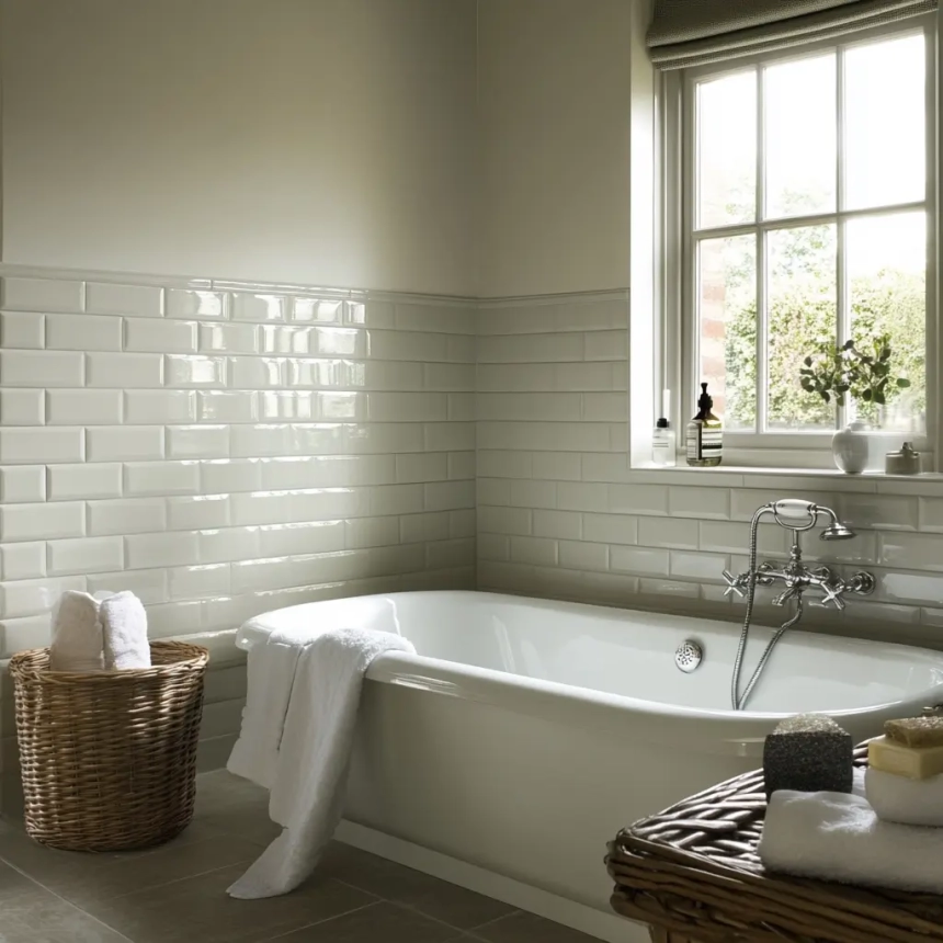 Bathroom with classic white subway tiles, providing a timeless and clean backsplash design for a traditional look.