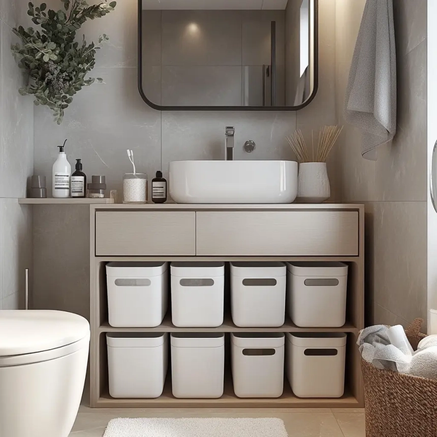 A small master bathroom featuring stackable storage bins neatly placed under the sink, maximizing organization and space.
